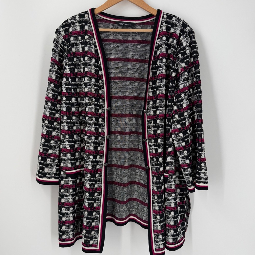 Ming Wang Knit Cardigan Magenta Black White Grid Stripe Open Front Jacket Sz 2X